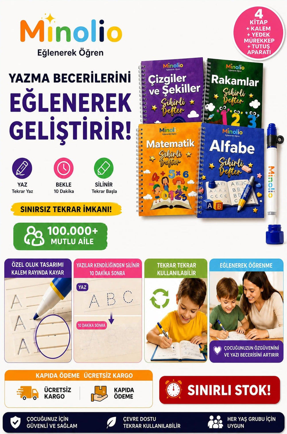Minolio - Magic Learn Kabartmalı Sihirli Defter – 4 Adet + Sihirli Kalem Hediyeli